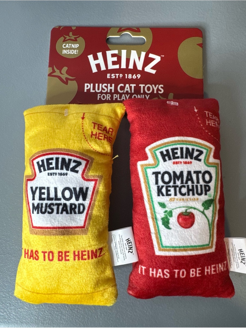 Heinz Plush Cat Toys - Red Tomato Ketchup & Yellow Mustard packets crinkle